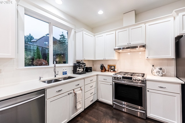 kitchen featuring backsplash, sink, dark hardwood / wood-style floors, appliances with stainless steel finishes, and white cabinetry