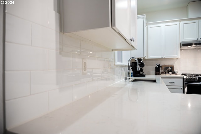 kitchen with white cabinets, ventilation hood, sink, and stainless steel stove