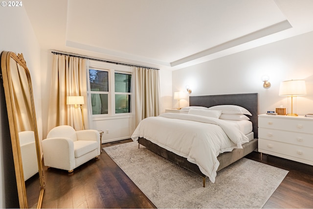 bedroom featuring a raised ceiling and dark wood-type flooring