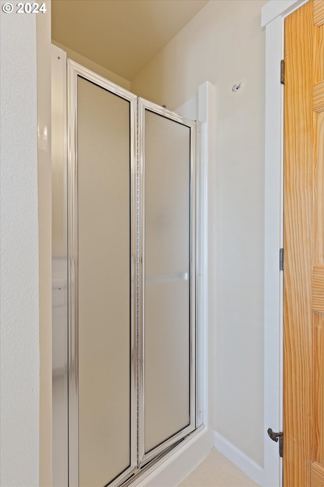 bathroom featuring a shower with shower door