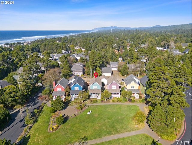 drone / aerial view featuring a water view and a wooded view