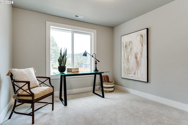 sitting room with light colored carpet