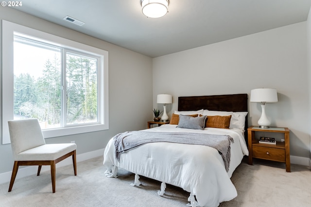 bedroom with light carpet