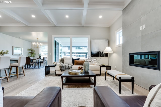 living room with beam ceiling, light hardwood / wood-style floors, and a healthy amount of sunlight