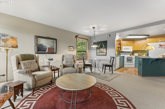 living room featuring light colored carpet