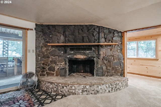 details featuring a fireplace, carpet, and a textured ceiling