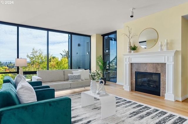 living room with floor to ceiling windows, a fireplace, and wood-type flooring