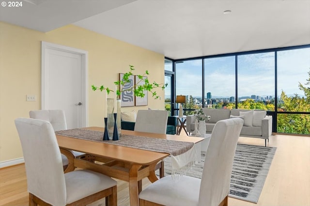 dining space featuring expansive windows and light hardwood / wood-style floors