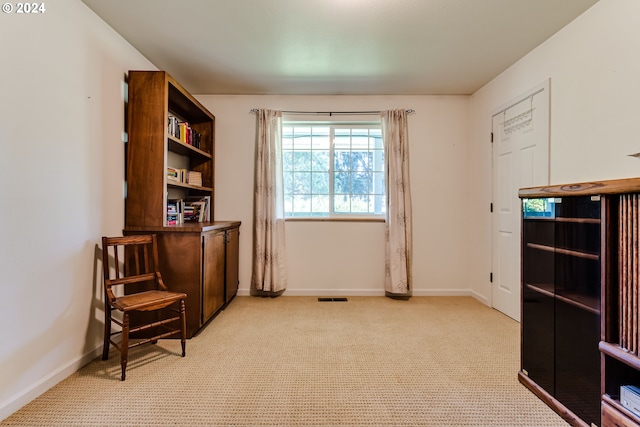 sitting room featuring light carpet