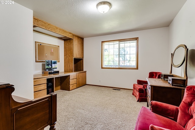 interior space featuring built in desk, light carpet, and a textured ceiling