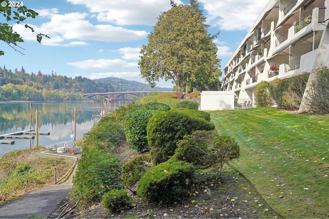 view of property's community with a lawn and a water view