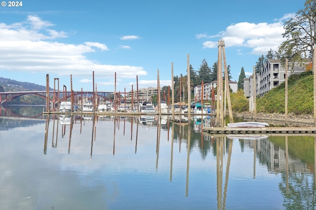 view of water feature with a dock