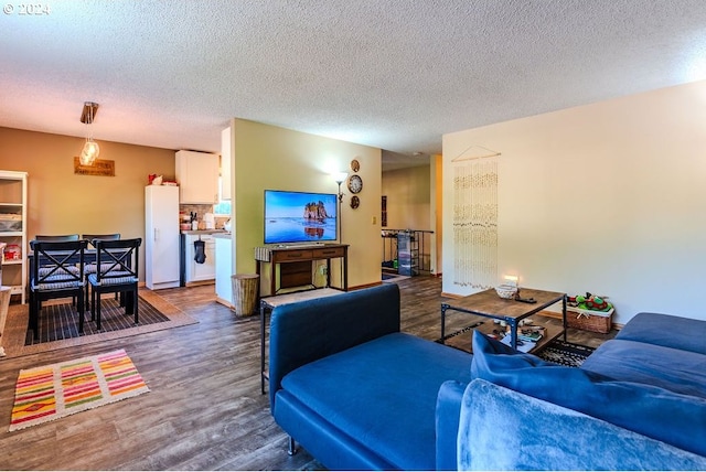 living room featuring a textured ceiling and dark wood-type flooring