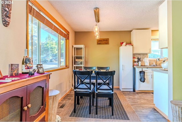 dining area featuring light hardwood / wood-style flooring, a textured ceiling, a healthy amount of sunlight, and sink