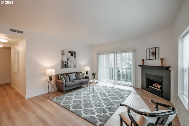 living room featuring a fireplace and light hardwood / wood-style floors