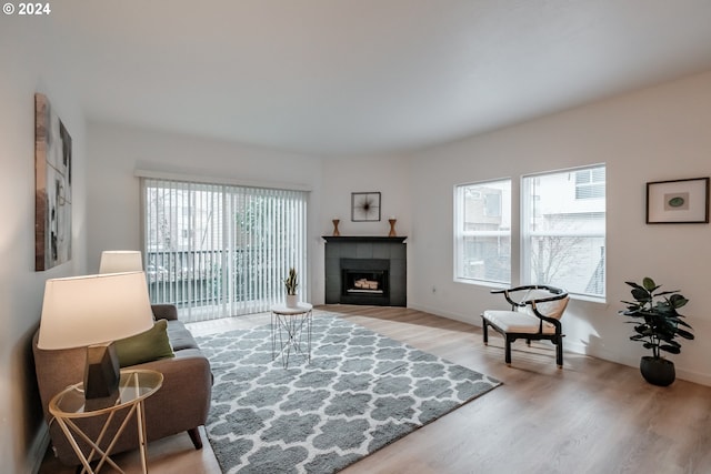 sitting room featuring hardwood / wood-style flooring, a fireplace, and a wealth of natural light