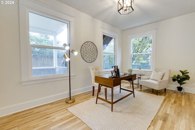 office space with light hardwood / wood-style floors