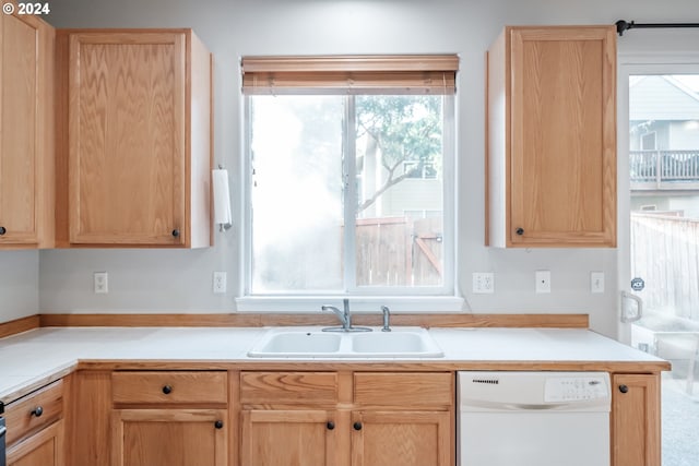 kitchen with light brown cabinets, dishwasher, and sink