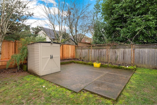 view of patio / terrace featuring a storage shed