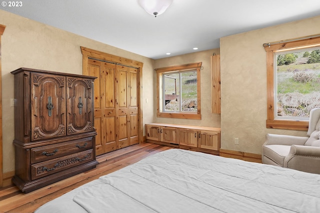 bedroom featuring light hardwood / wood-style flooring and multiple windows