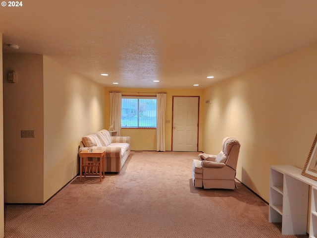 living room with a textured ceiling and light colored carpet