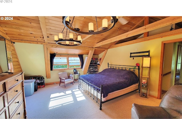 bedroom featuring lofted ceiling with beams, a chandelier, carpet floors, wooden ceiling, and baseboards