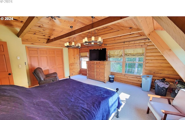 carpeted bedroom featuring wooden ceiling, a closet, vaulted ceiling with beams, and a notable chandelier