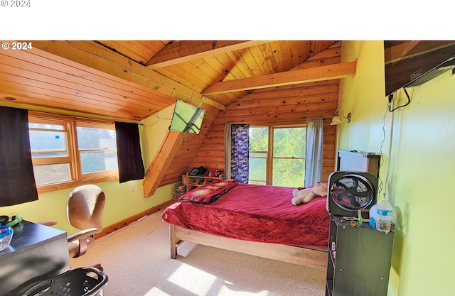 bedroom featuring wooden ceiling, lofted ceiling with beams, and carpet floors