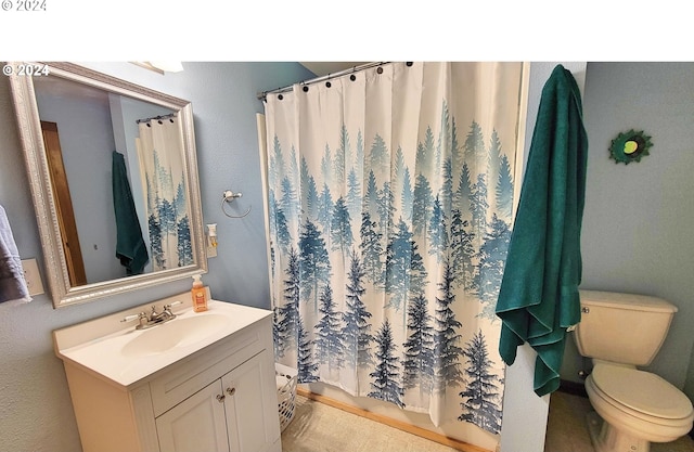 bathroom featuring a shower with shower curtain, vanity, and toilet