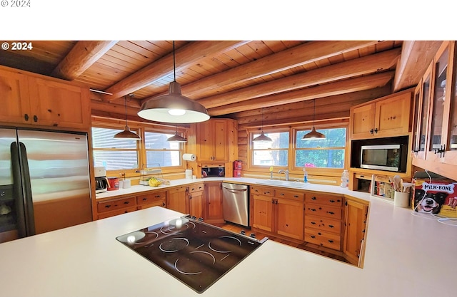 kitchen with beamed ceiling, sink, black appliances, wood ceiling, and pendant lighting