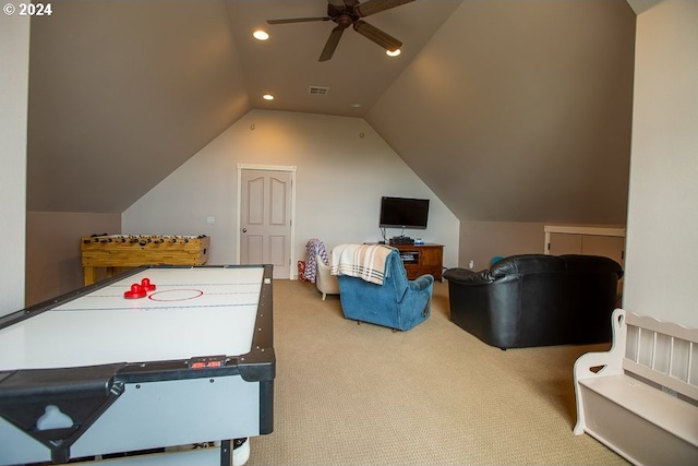 game room featuring carpet, ceiling fan, and vaulted ceiling