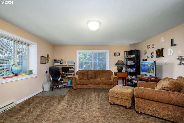 living room with a baseboard heating unit, a desk, and baseboards