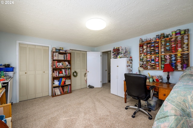 home office featuring carpet floors and a textured ceiling