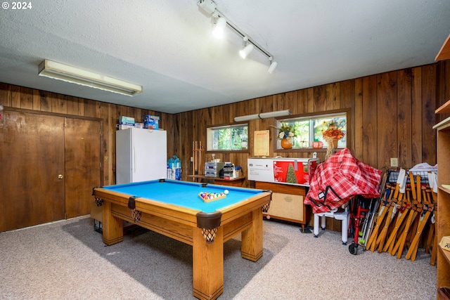 playroom featuring wood walls, light colored carpet, pool table, and rail lighting