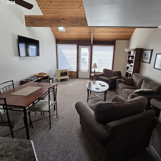 living room featuring wood ceiling, lofted ceiling, and carpet flooring