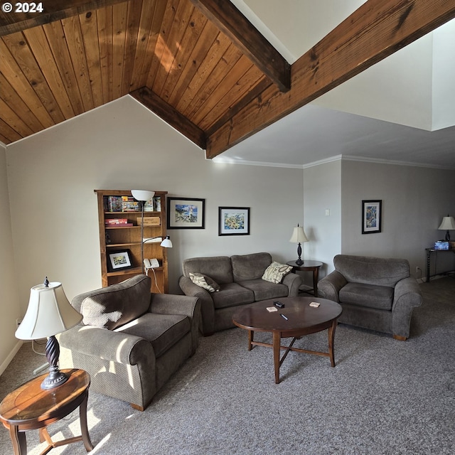 carpeted living room featuring crown molding, vaulted ceiling, and wood ceiling