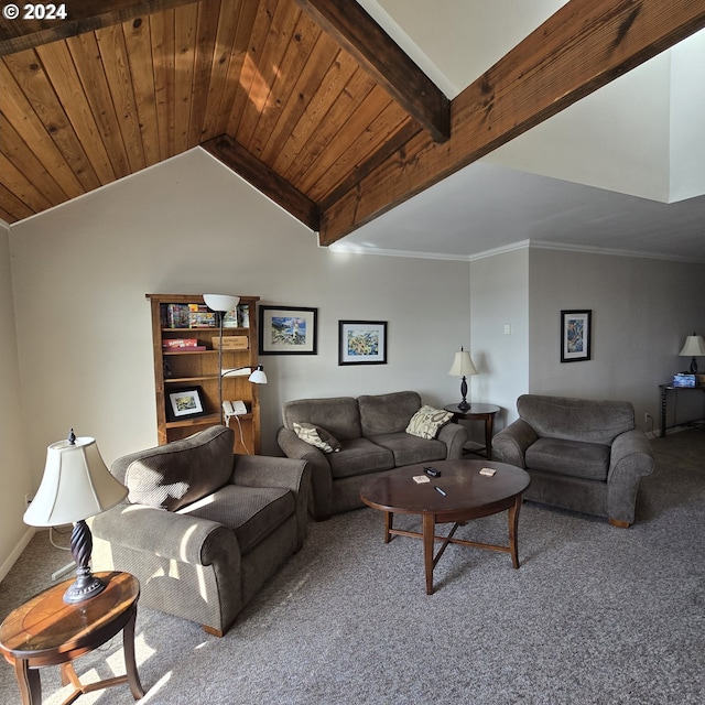 carpeted living area featuring wood ceiling and vaulted ceiling
