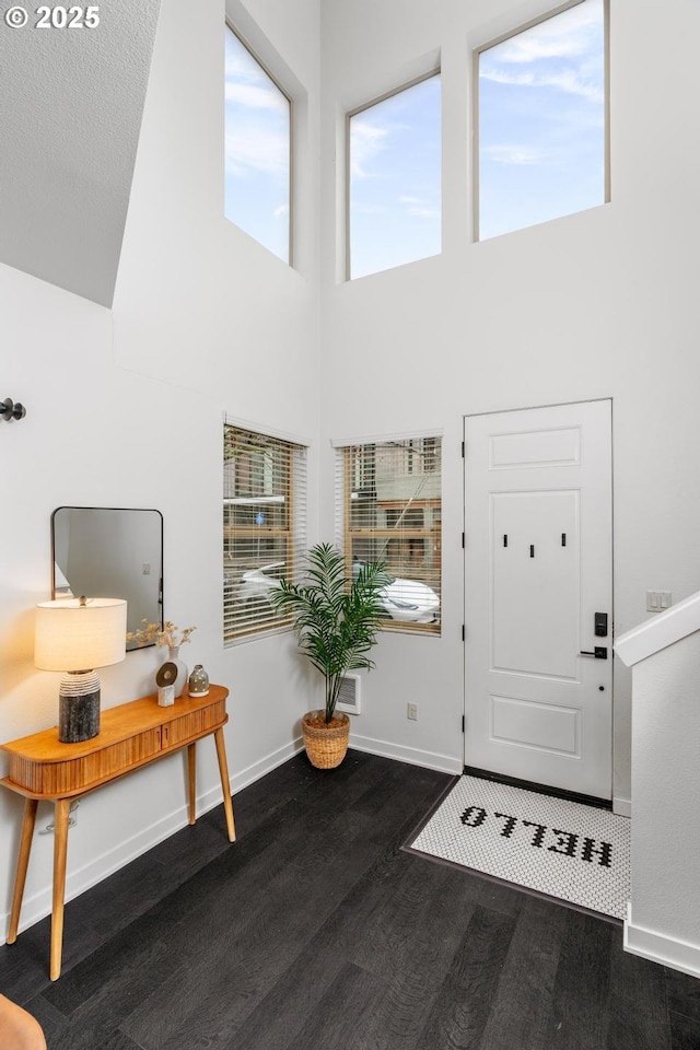 foyer entrance featuring a towering ceiling and dark hardwood / wood-style flooring