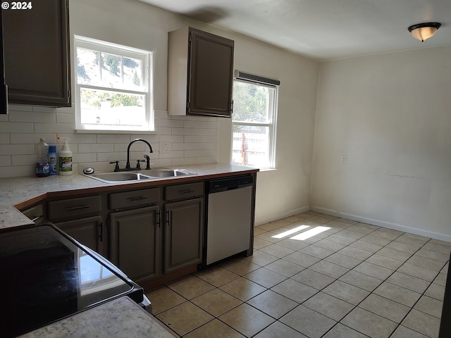 kitchen with stainless steel dishwasher, dark brown cabinetry, range, and sink