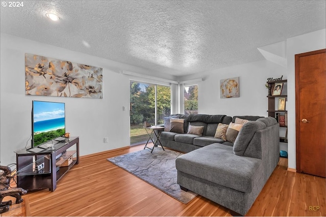 living room featuring a textured ceiling and light hardwood / wood-style flooring