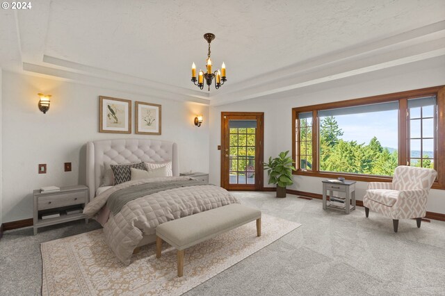 unfurnished room featuring baseboards, visible vents, carpet flooring, a raised ceiling, and a notable chandelier