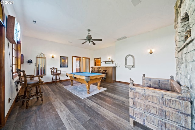 game room with visible vents, dark wood-type flooring, baseboards, and billiards