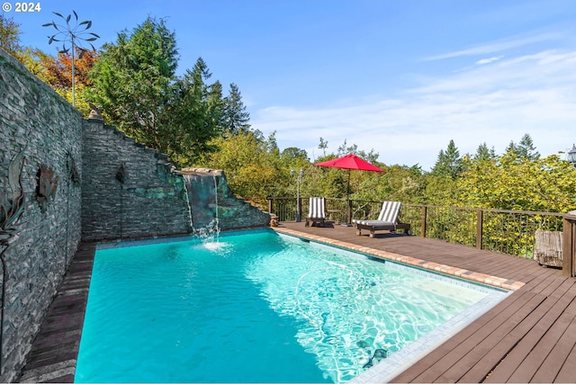 view of swimming pool with a deck and a fenced in pool