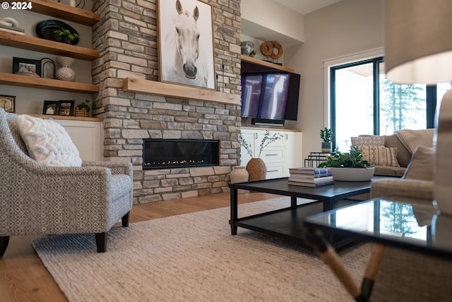 living room featuring hardwood / wood-style flooring and a fireplace