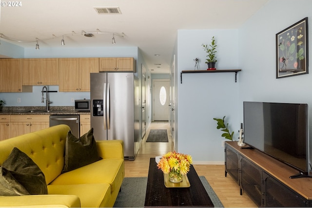 living room with sink and light hardwood / wood-style flooring