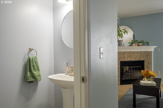 bathroom featuring a premium fireplace, hardwood / wood-style flooring, and sink