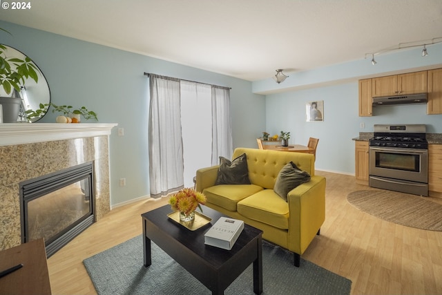 living room featuring rail lighting, light wood-type flooring, and a tile fireplace