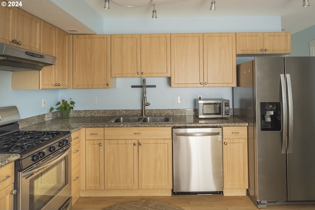 kitchen with light wood-type flooring, sink, stainless steel appliances, and light brown cabinets