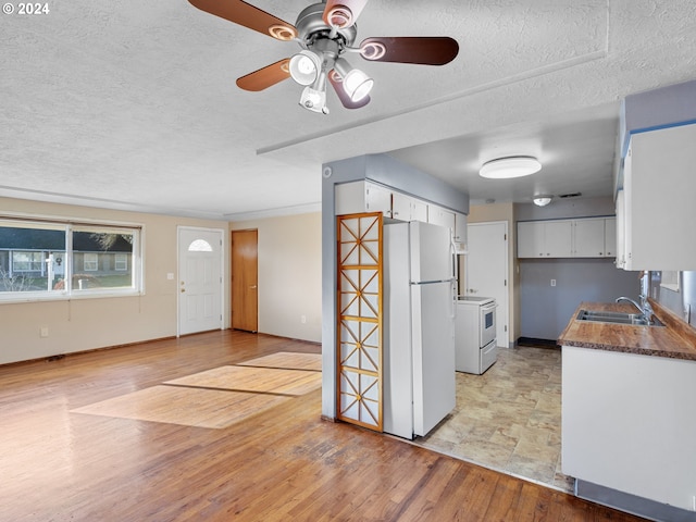 kitchen with white cabinetry, white appliances, light wood-type flooring, and sink