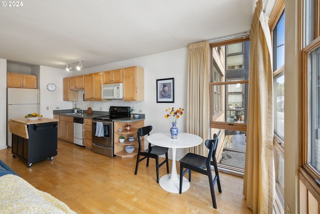 kitchen featuring stainless steel appliances, light wood-type flooring, light brown cabinetry, a kitchen island, and sink